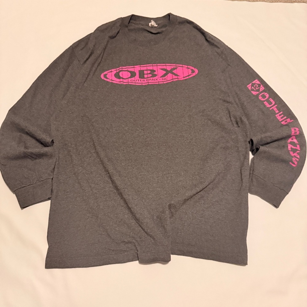 Alstyle OBX Long Sleeve T-Shirt Men XL Gray Pink Outer Banks NC Graphic Y2K 00s